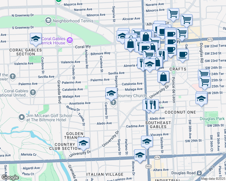 map of restaurants, bars, coffee shops, grocery stores, and more near in Coral Gables