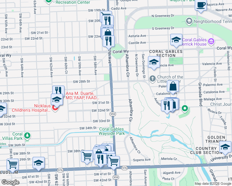 map of restaurants, bars, coffee shops, grocery stores, and more near 1540 Catalonia Avenue in Coral Gables
