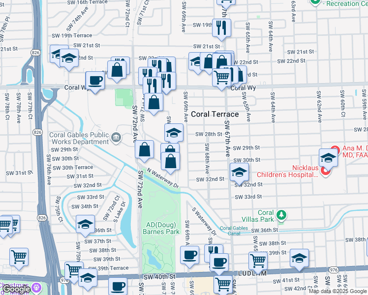 map of restaurants, bars, coffee shops, grocery stores, and more near 2872 Southwest 69th Avenue in Miami