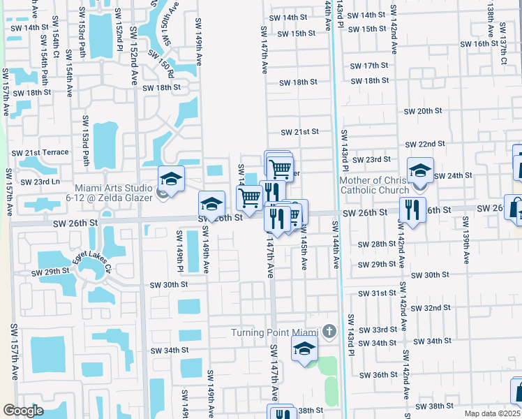 map of restaurants, bars, coffee shops, grocery stores, and more near 14732 Southwest 25th Lane in Miami