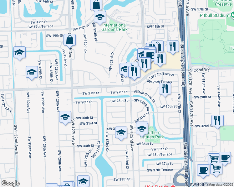 map of restaurants, bars, coffee shops, grocery stores, and more near 12284 Southwest 27th Street in Miami