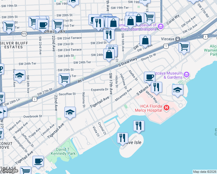 map of restaurants, bars, coffee shops, grocery stores, and more near 2711 Southwest 17th Avenue in Miami