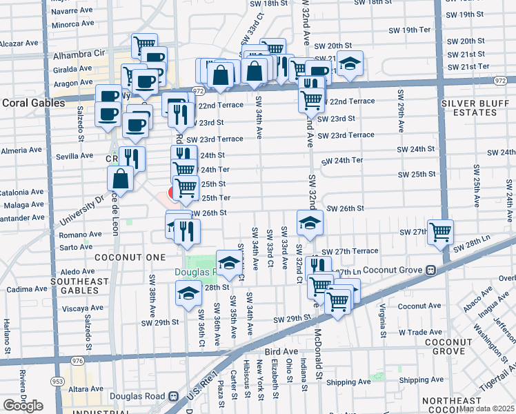 map of restaurants, bars, coffee shops, grocery stores, and more near 3400 Southwest 26th Street in Miami