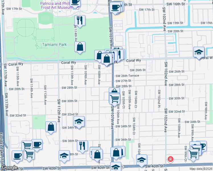 map of restaurants, bars, coffee shops, grocery stores, and more near 10720 Southwest 28th Street in Miami