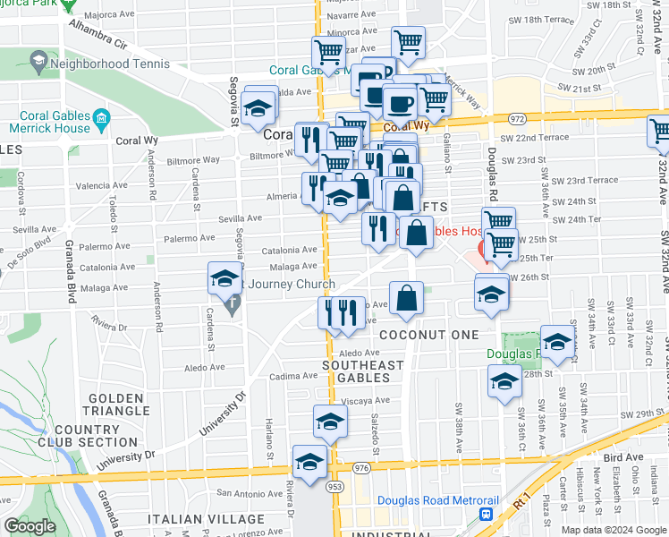 map of restaurants, bars, coffee shops, grocery stores, and more near 349 Santander Avenue in Coral Gables