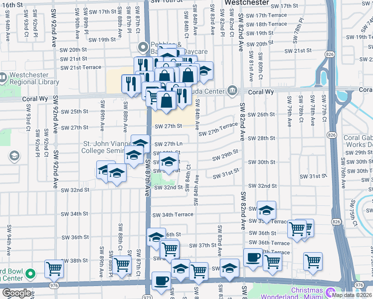 map of restaurants, bars, coffee shops, grocery stores, and more near 8430 Southwest 28th Street in Miami