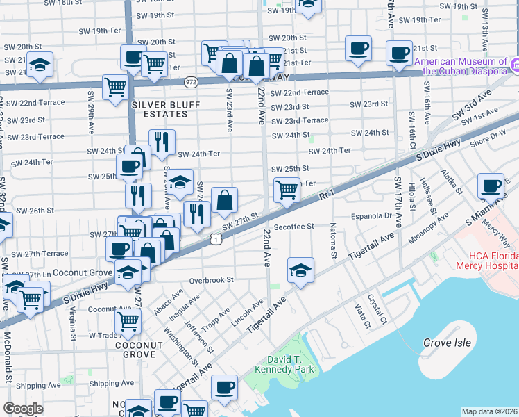 map of restaurants, bars, coffee shops, grocery stores, and more near 43 M-Path in Miami