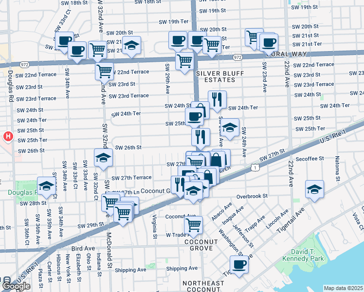 map of restaurants, bars, coffee shops, grocery stores, and more near 2800 Southwest 26th Street in Miami