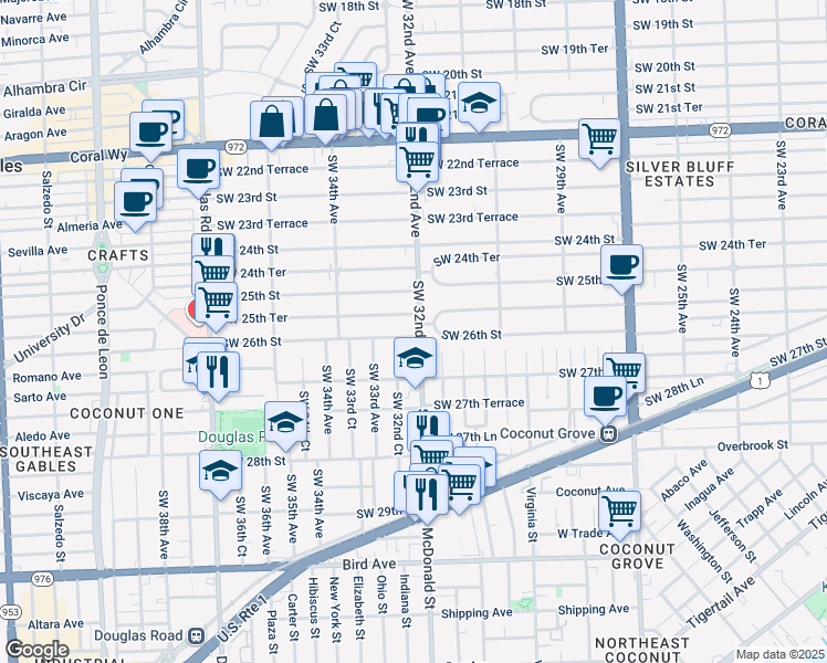 map of restaurants, bars, coffee shops, grocery stores, and more near 2621 Southwest 32nd Court in Miami