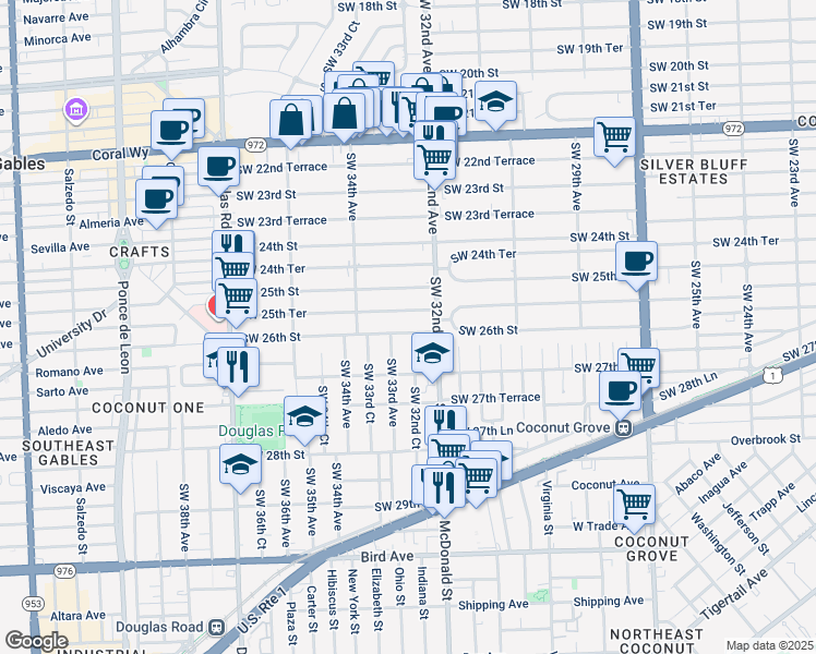 map of restaurants, bars, coffee shops, grocery stores, and more near 2621 Southwest 32nd Court in Miami
