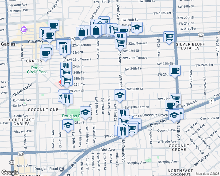 map of restaurants, bars, coffee shops, grocery stores, and more near 3322 Southwest 26th Street in Miami