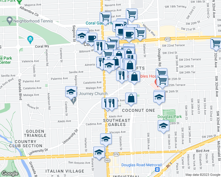 map of restaurants, bars, coffee shops, grocery stores, and more near 351 Santander Avenue in Coral Gables