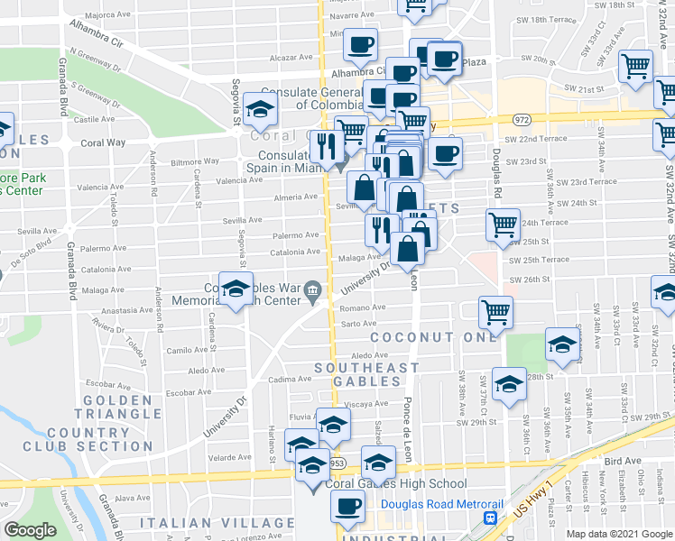 map of restaurants, bars, coffee shops, grocery stores, and more near 351 Santander Avenue in Coral Gables