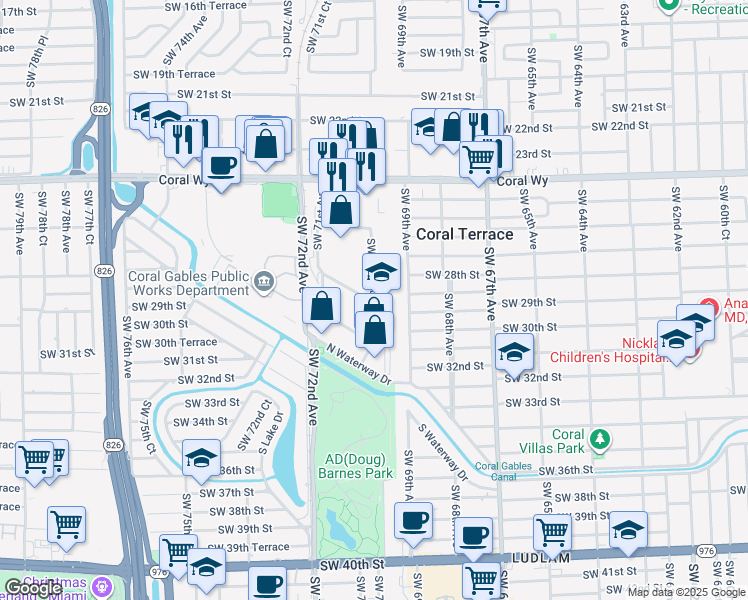 map of restaurants, bars, coffee shops, grocery stores, and more near 2811 Southwest 70th Avenue in Miami