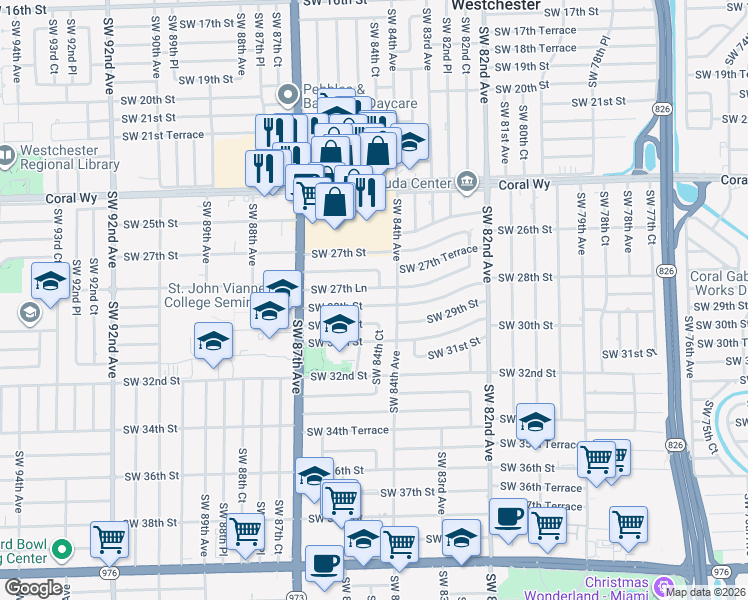 map of restaurants, bars, coffee shops, grocery stores, and more near 8430 Southwest 28th Street in Miami