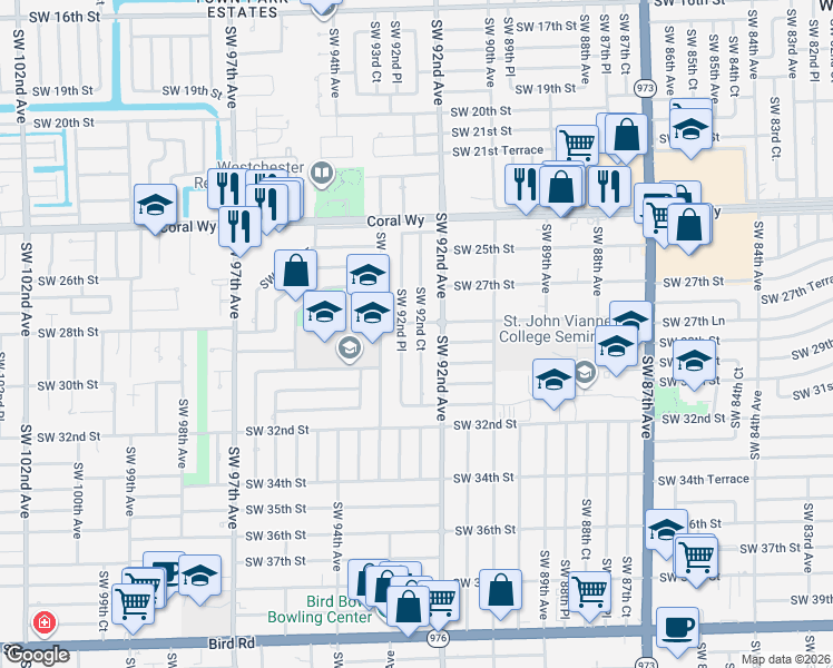 map of restaurants, bars, coffee shops, grocery stores, and more near 2831 Southwest 92nd Court in Miami