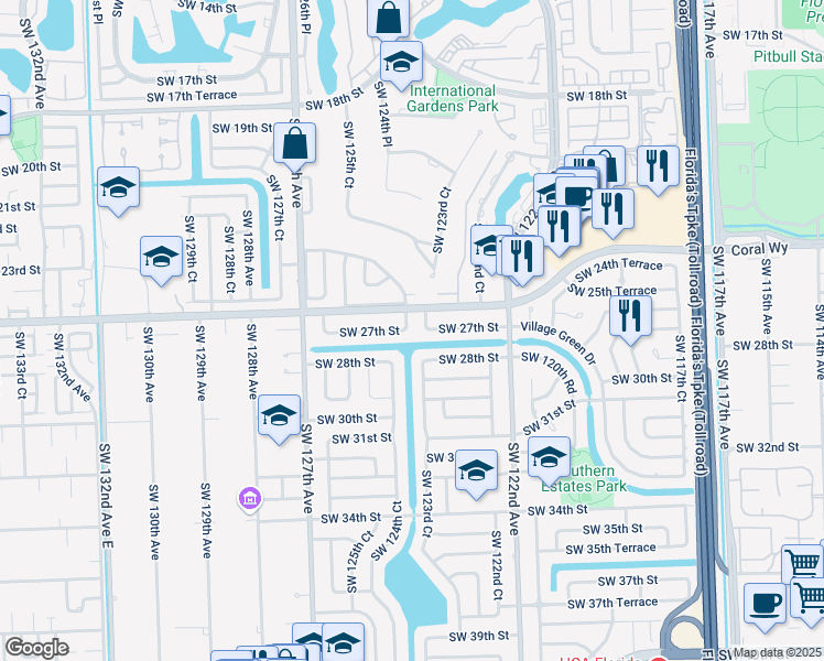 map of restaurants, bars, coffee shops, grocery stores, and more near 12344 Southwest 27th Street in Miami
