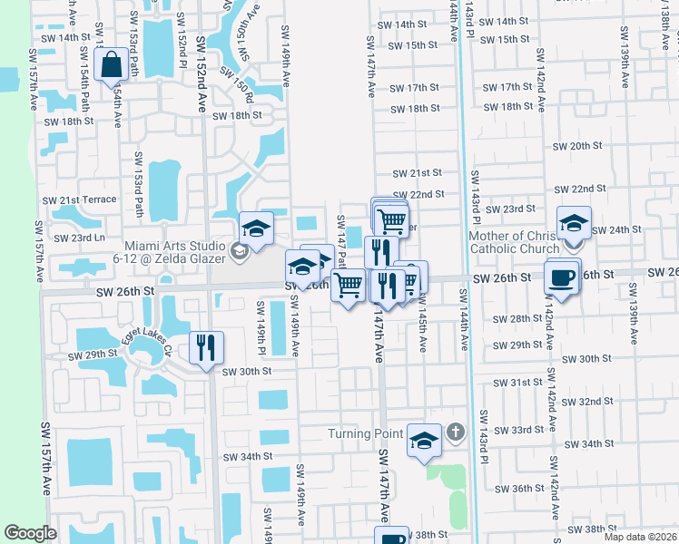 map of restaurants, bars, coffee shops, grocery stores, and more near 2581 Southwest 148th Court in Miami