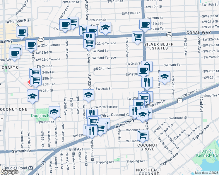 map of restaurants, bars, coffee shops, grocery stores, and more near 3144 Southwest 26th Street in Miami