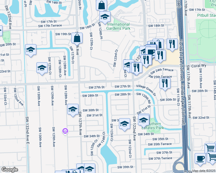 map of restaurants, bars, coffee shops, grocery stores, and more near 12344 Southwest 27th Street in Miami