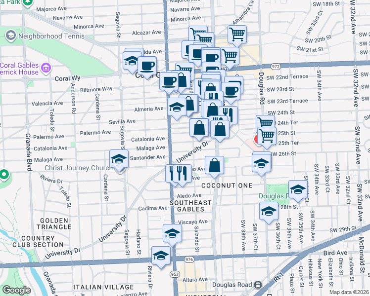 map of restaurants, bars, coffee shops, grocery stores, and more near 3133 Salzedo Street in Coral Gables
