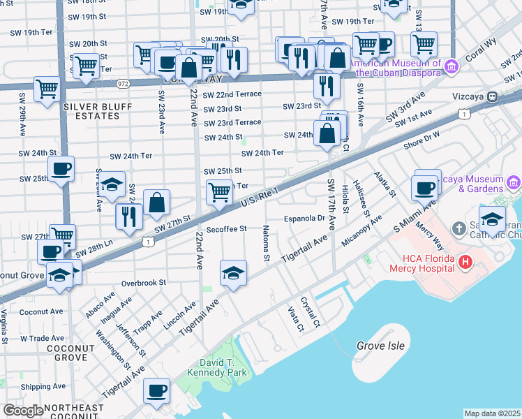 map of restaurants, bars, coffee shops, grocery stores, and more near 2680 Natoma Street in Miami
