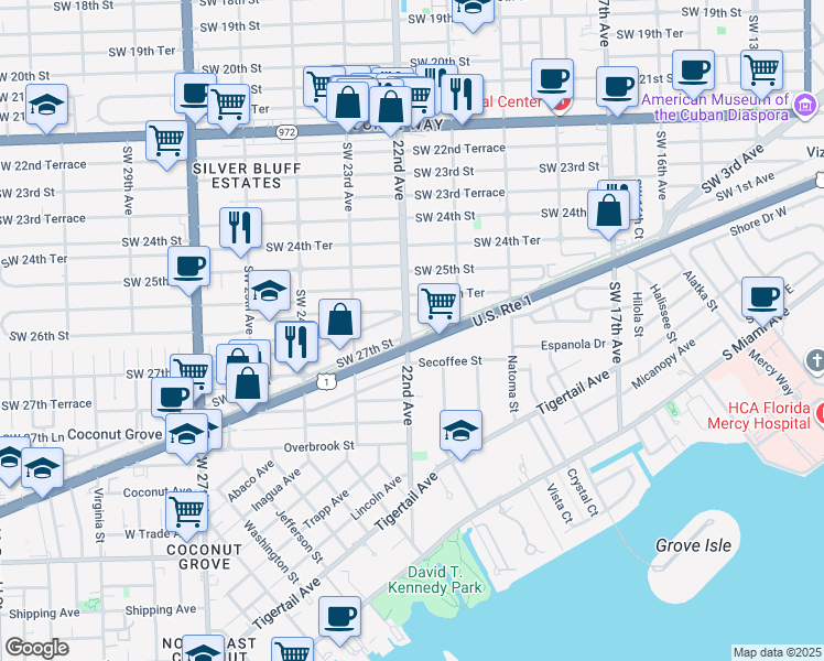 map of restaurants, bars, coffee shops, grocery stores, and more near 2150 South Dixie Highway in Miami