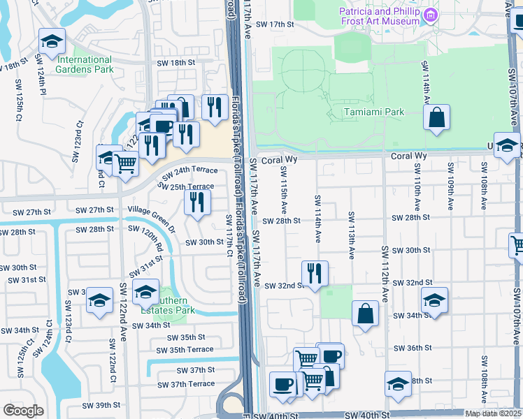 map of restaurants, bars, coffee shops, grocery stores, and more near 11681 Southwest 28th Street in Miami