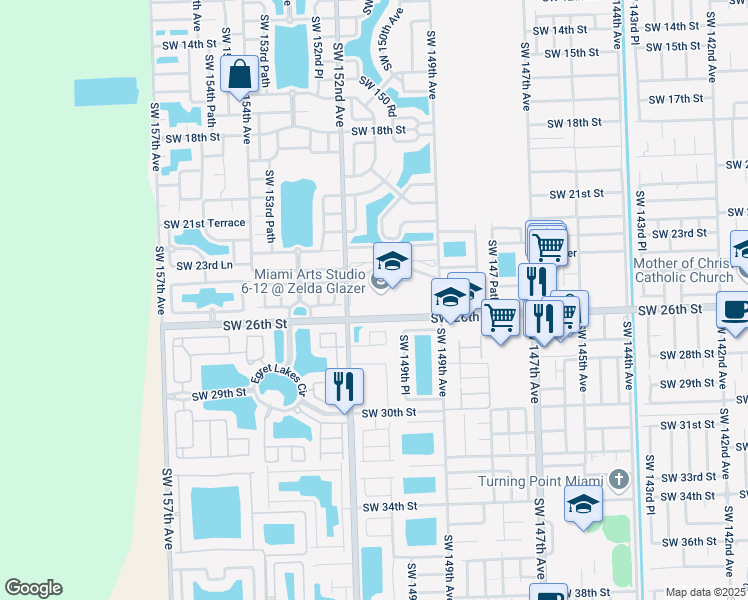 map of restaurants, bars, coffee shops, grocery stores, and more near 15015 Southwest 24th Street in Miami