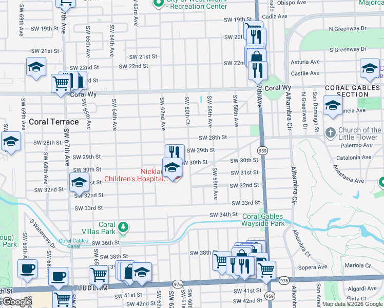 map of restaurants, bars, coffee shops, grocery stores, and more near 2934 Southwest 60th Court in Miami