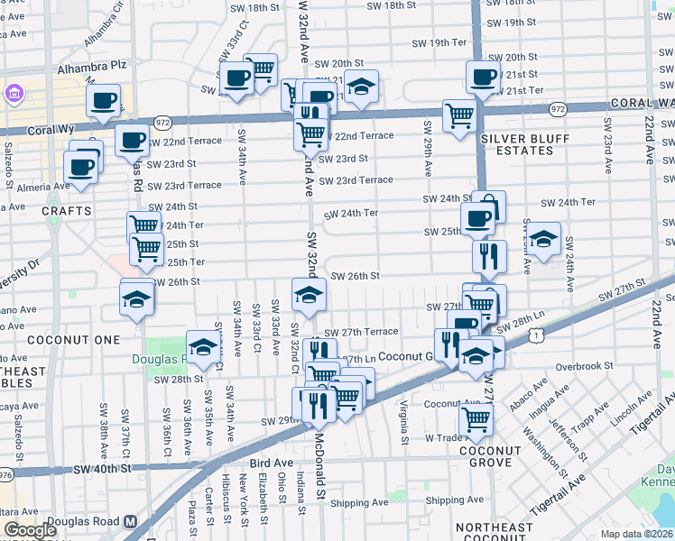map of restaurants, bars, coffee shops, grocery stores, and more near 3184 Southwest 26th Street in Miami