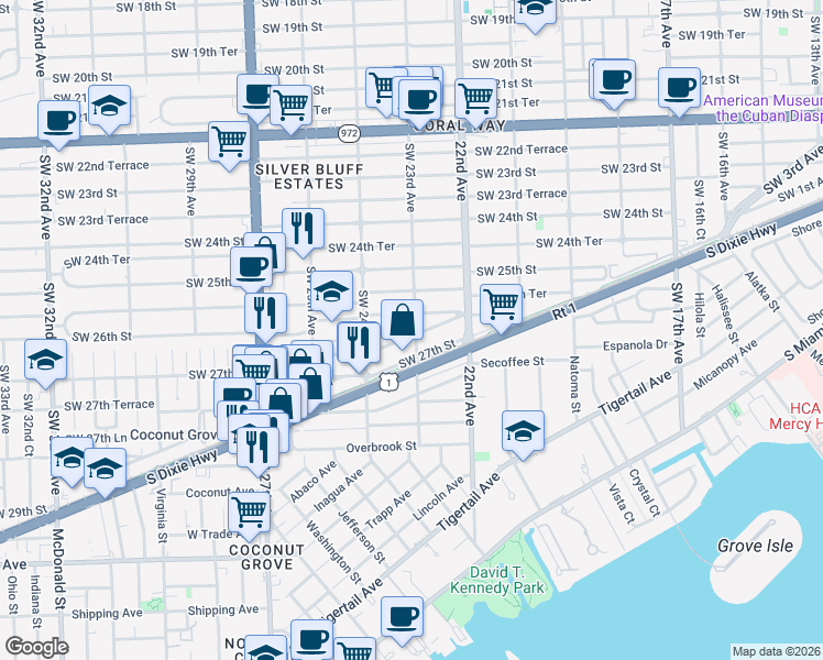 map of restaurants, bars, coffee shops, grocery stores, and more near 2642 Southwest 23rd Avenue in Miami
