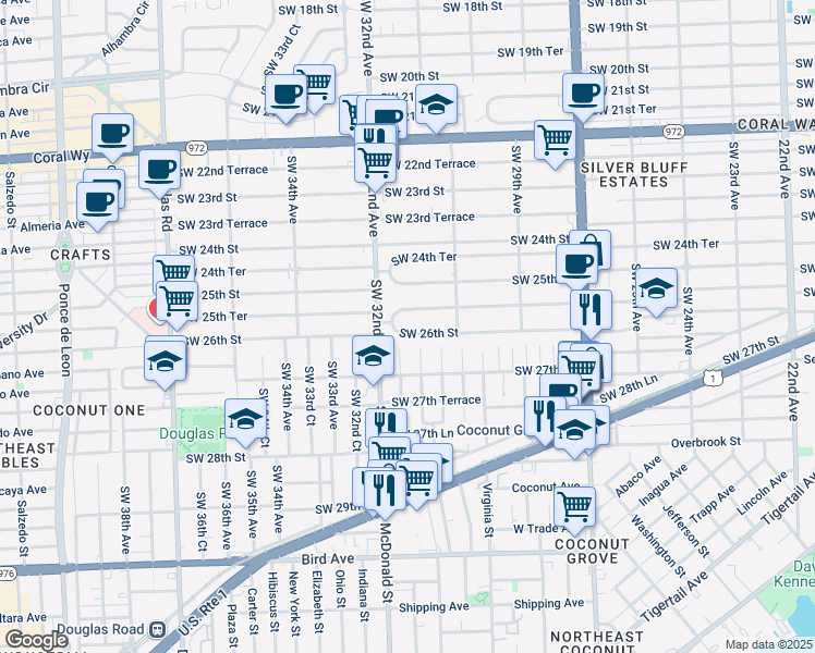map of restaurants, bars, coffee shops, grocery stores, and more near 3184 Southwest 26th Street in Miami