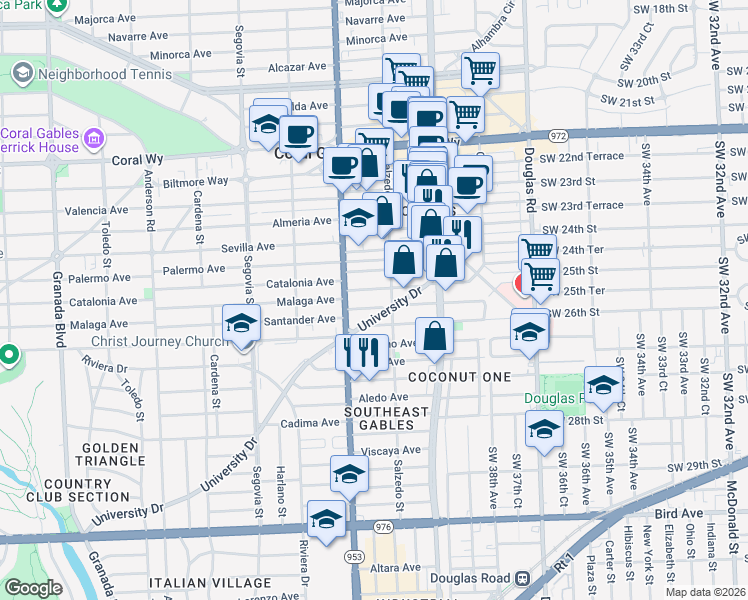 map of restaurants, bars, coffee shops, grocery stores, and more near 3133 Salzedo Street in Coral Gables