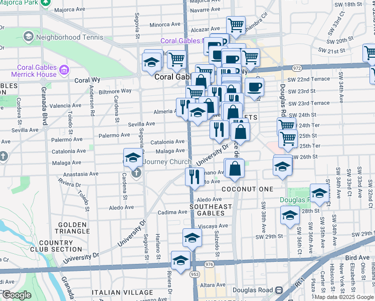 map of restaurants, bars, coffee shops, grocery stores, and more near 351 Santander Avenue in Coral Gables