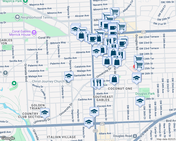 map of restaurants, bars, coffee shops, grocery stores, and more near 427 Santander Avenue in Coral Gables