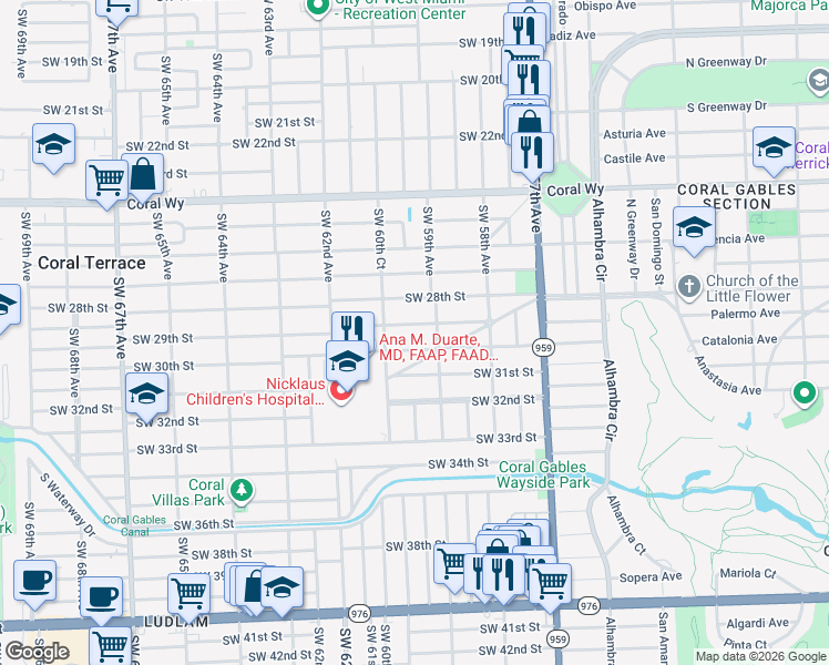 map of restaurants, bars, coffee shops, grocery stores, and more near 5947 Southwest 30th Street in Miami
