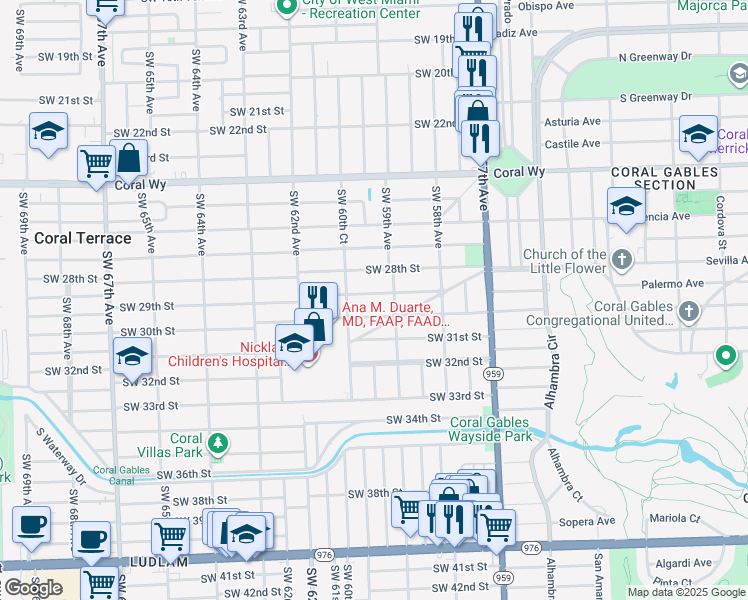 map of restaurants, bars, coffee shops, grocery stores, and more near 5947 Southwest 30th Street in Miami