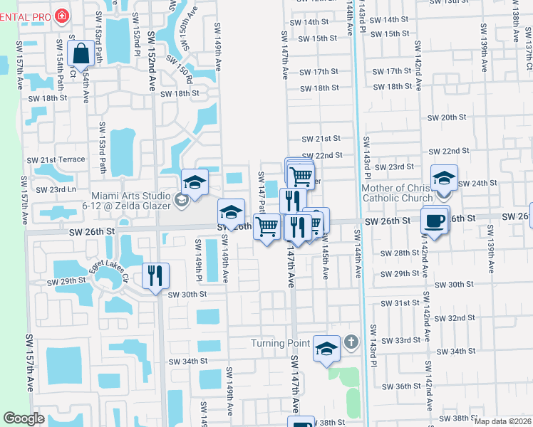 map of restaurants, bars, coffee shops, grocery stores, and more near 14732 Southwest 25th Lane in Miami