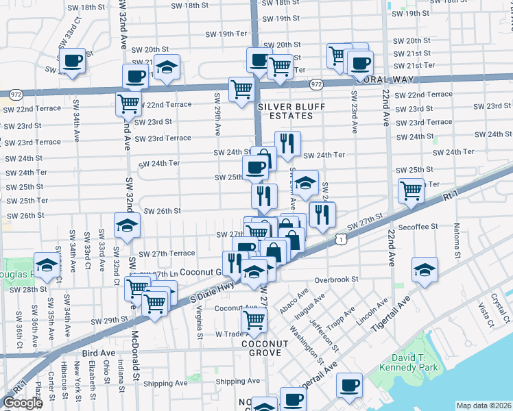 map of restaurants, bars, coffee shops, grocery stores, and more near 2560 Southwest 27th Avenue in Miami