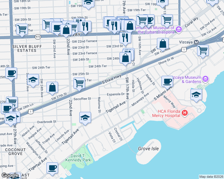 map of restaurants, bars, coffee shops, grocery stores, and more near 1801 Espanola Drive in Miami