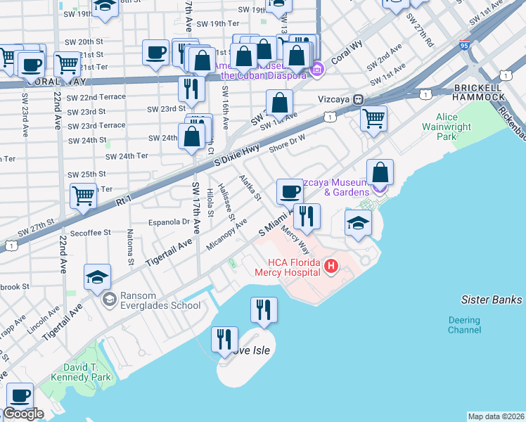 map of restaurants, bars, coffee shops, grocery stores, and more near 3666 South Miami Avenue in Miami