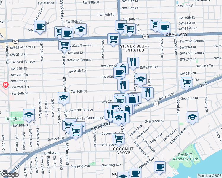 map of restaurants, bars, coffee shops, grocery stores, and more near 2800 Southwest 26th Street in Miami