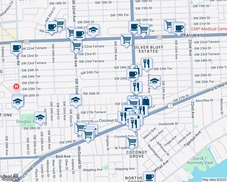 map of restaurants, bars, coffee shops, grocery stores, and more near 2924 Southwest 26th Street in Miami