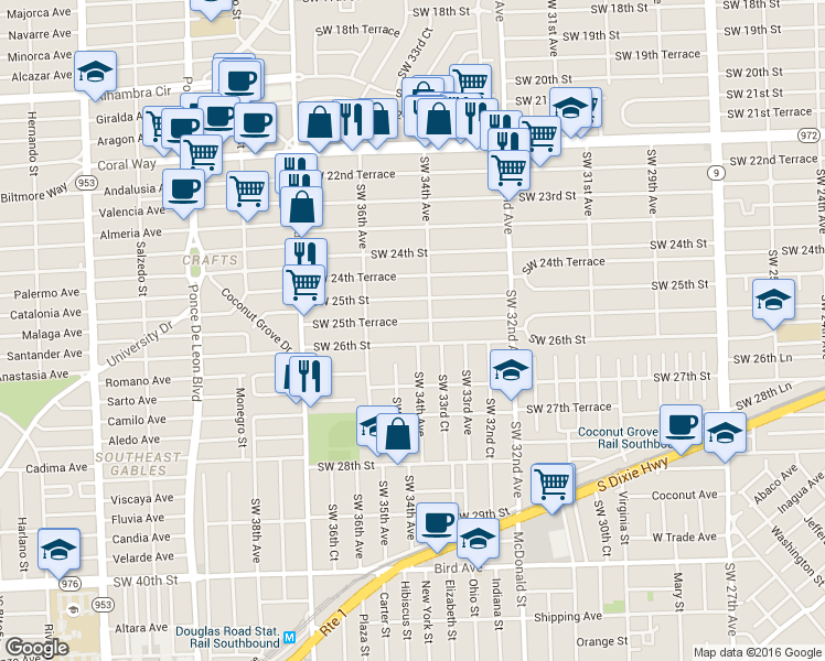 map of restaurants, bars, coffee shops, grocery stores, and more near 3400 Southwest 26th Street in Miami