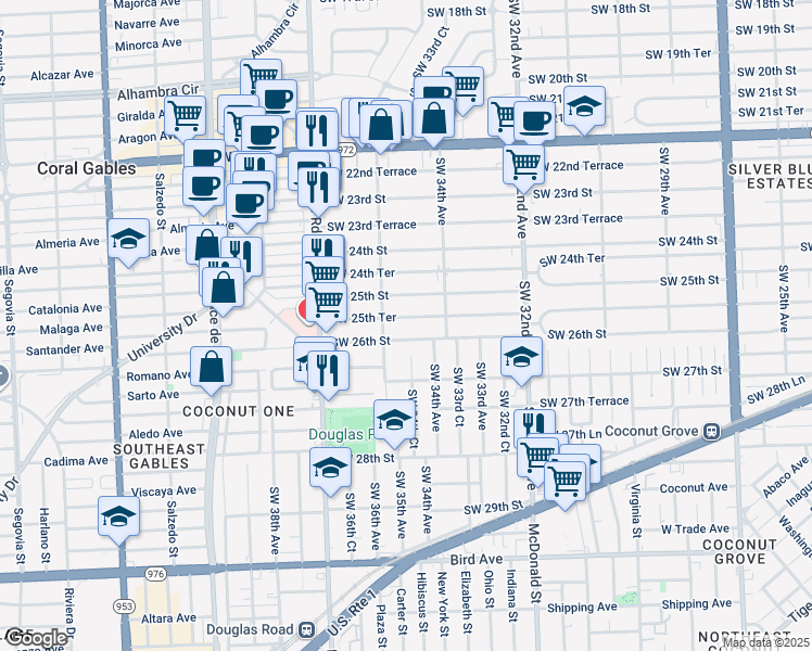 map of restaurants, bars, coffee shops, grocery stores, and more near 3554 Southwest 26th Street in Miami