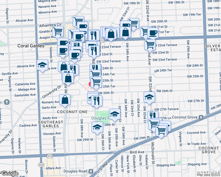 map of restaurants, bars, coffee shops, grocery stores, and more near 3554 Southwest 26th Street in Miami