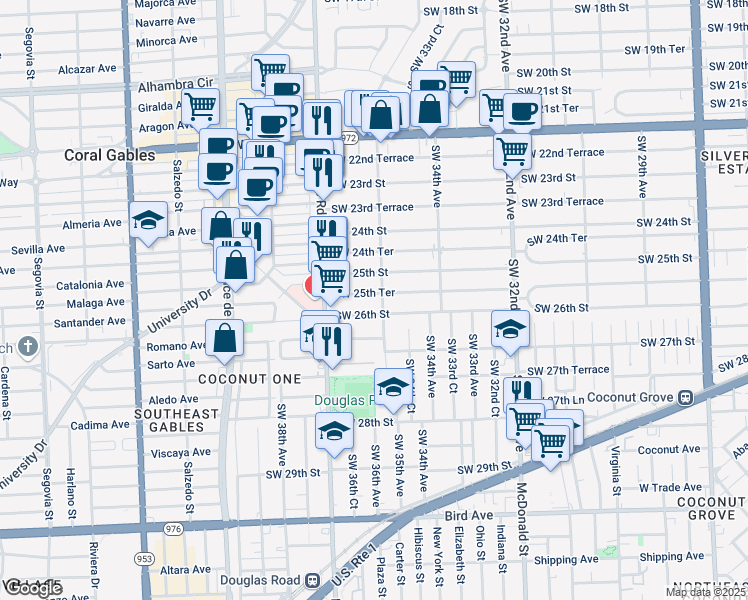 map of restaurants, bars, coffee shops, grocery stores, and more near 3554 Southwest 26th Street in Miami