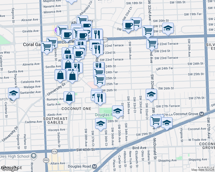 map of restaurants, bars, coffee shops, grocery stores, and more near 3664 Southwest 26th Street in Miami