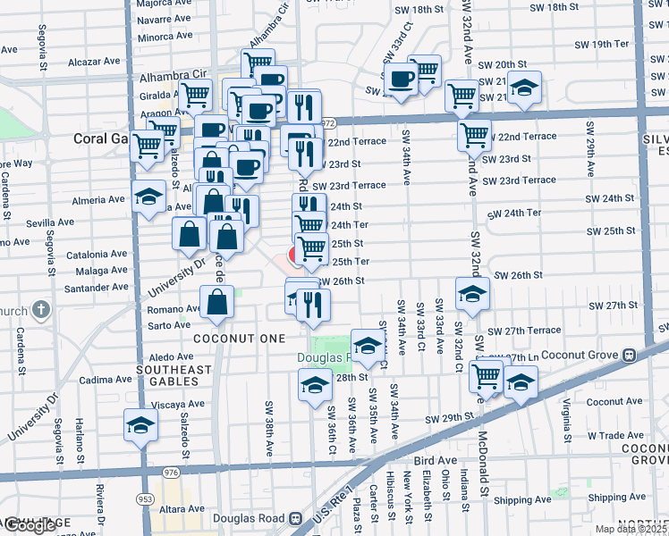 map of restaurants, bars, coffee shops, grocery stores, and more near 3631 Southwest 26th Street in Miami